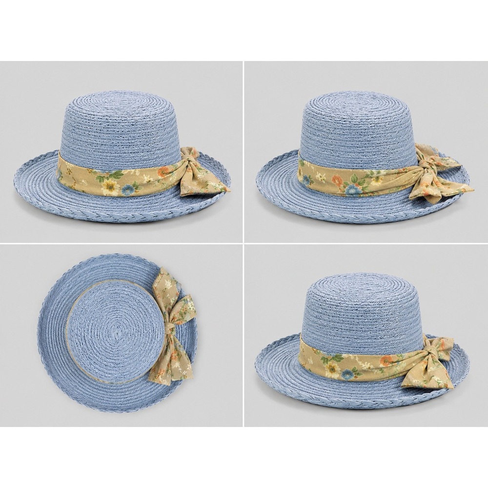 Blue Woven Paper Straw Sun Hat Scalloped Brim Floral Scarf Tie OS RN 98070